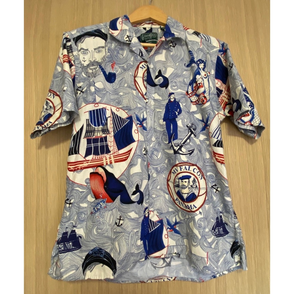 Vintage Gitman BrosMens M Shirt Nautical Short Sleeve Mermaid Coast Sailor USA